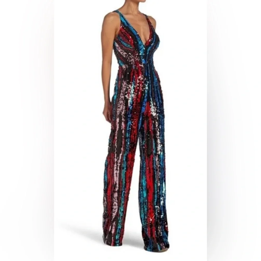 Dress the Population Charlie Black Multi Sequin plunging v neck Jumpsuit XL - Picture 5 of 6